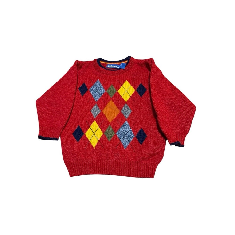 Just Friends Argyle Sweater Toddler 3T Red Crewneck Knit Pullover Vintage